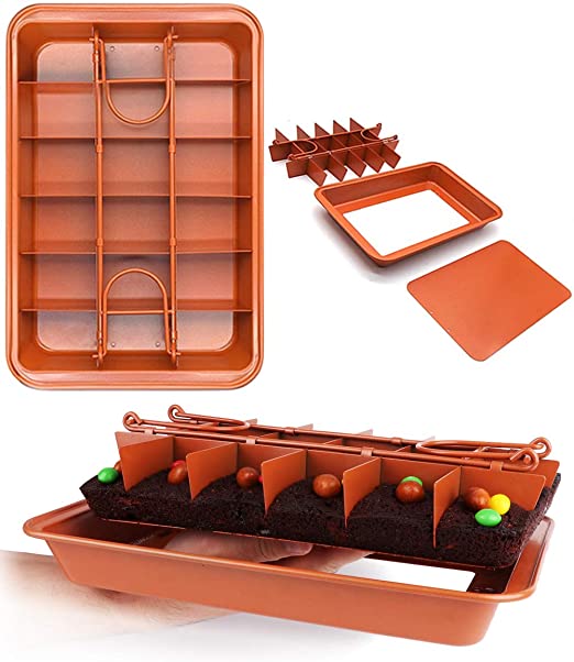Easy Clean & Dishwasher Safe Aestic Brownie Pan 8x12 inches with Built-in Divider Insert Makes 18 Pieces Carbon Steel Non-Stick Copper Baking Tray for Oven Complete with two Silicone Oven Mittens 