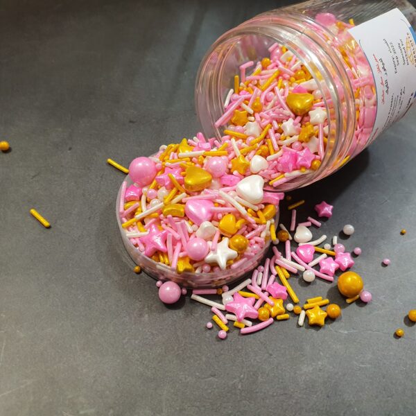 Mixed Sugar Sprinkles 100g (Pink White Gold)  رشات سكر مشكلة 100 جرام (ذهبي أبيض وردي)