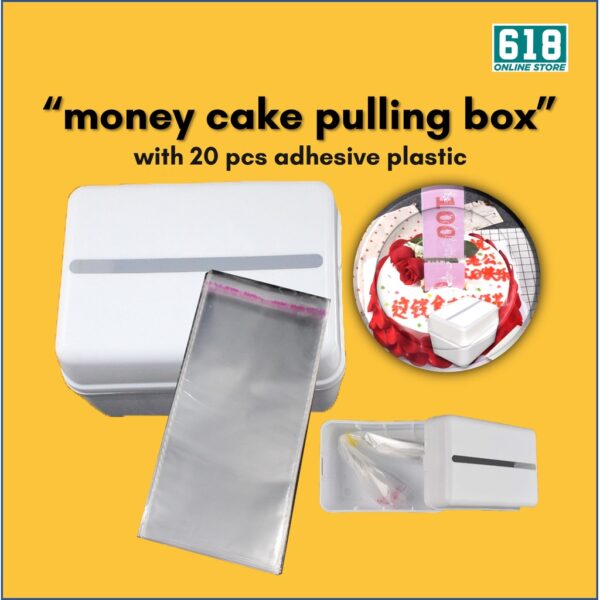 Money Cake Pull out Kit Includes Pulling Money Box with 20 Transparent Bags for 8" or Larger Cake  تشتمل مجموعة سحب Money Cake على صندوق نقود مع 20 كيسًا شفافًا لكعكة بحجم 8 بوصات أو أكبر