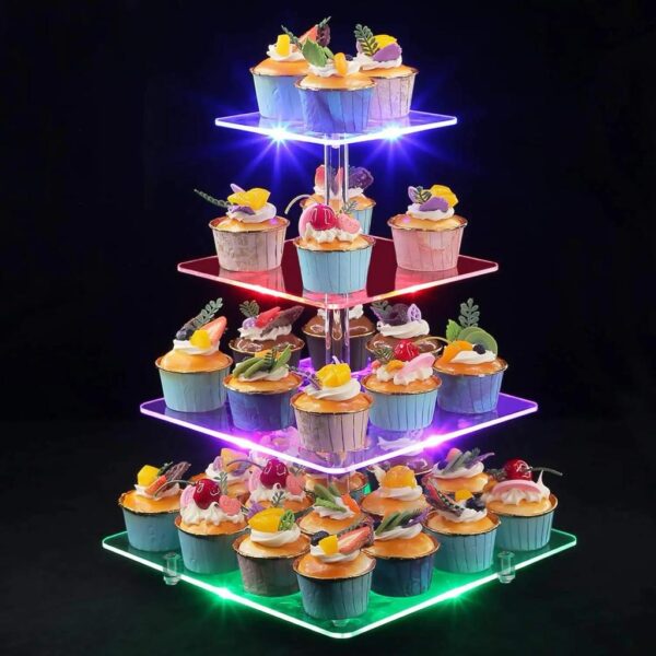 LED Square 4-Tier Cupcake Stand with LED Lights String  حامل كب كيك مربع بأربع طبقات LED مع سلسلة أضواء LED