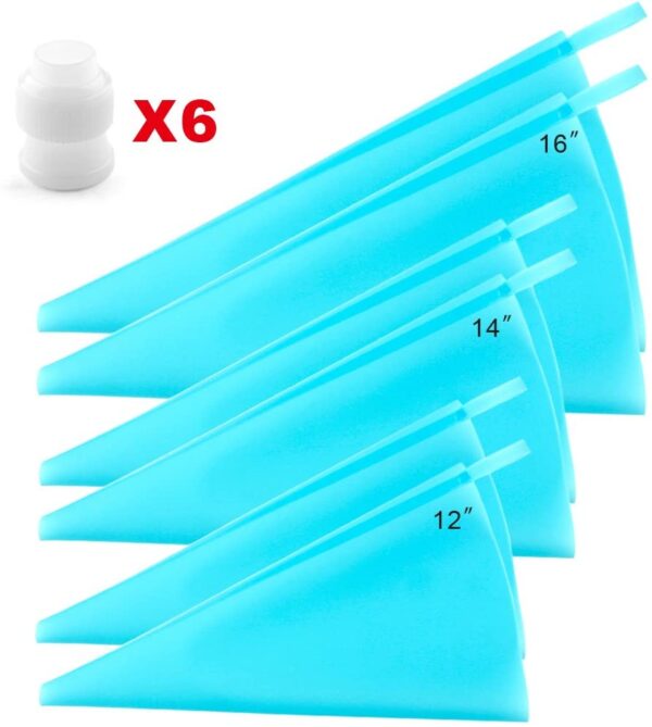 Silicone Pastry Piping Bags (12''+14''+16'')- 6 Pack + 6 Icing Couplers  أكياس أنابيب المعجنات المصنوعة من السيليكون (12 بوصة + 14 بوصة + 16 بوصة) - 6 عبوات + 6 وصلات تزيين