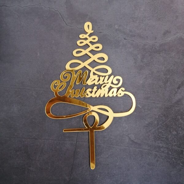 Merry Christmas cake Topper GOLD (tree shape)  تغريسة كعكة عيد الميلاد المجيد ذهبي (على شكل شجرة)