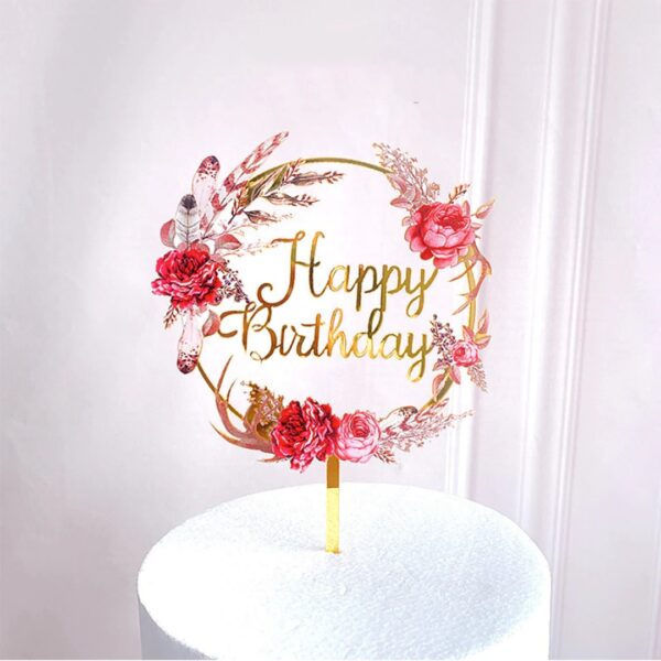 Happy Birthday Cake Topper Floral Pink  غلاف كعكة عيد ميلاد سعيد باللون الوردي الزهري