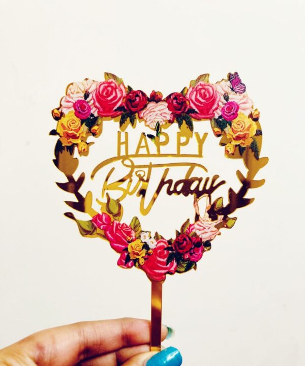 Happy Birthday Cake Topper Floral Heart  عيد ميلاد سعيد كعكة توبر الأزهار القلب