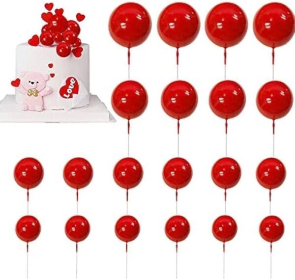 20 pcs Cake Decoration Round Foam Balls set with Stick Red  مجموعة من 20 قطعة من كرات الفوم المستديرة لتزيين الكيك مع عصا باللون الأحمر