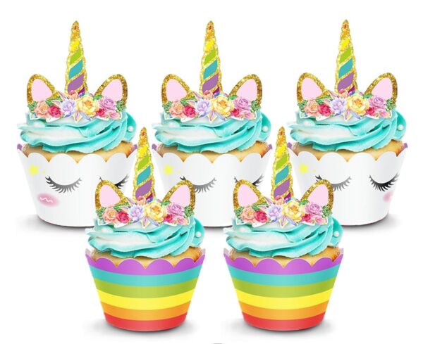 Unicorn Cake Topper & Rainbow Cupcake Wrappers (Horn, Ears, Eyelashes, flowers) Set ( 12 pcs)  مجموعة أغلفة الكيك يونيكورن وأغطية الكب كيك بألوان قوس قزح (القرن والأذنين والرموش والزهور) (12 قطعة)