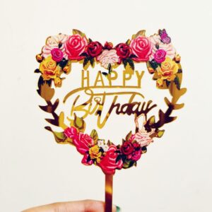 Happy Birthday Cake Topper Floral Heart  عيد ميلاد سعيد كعكة توبر الأزهار القلب