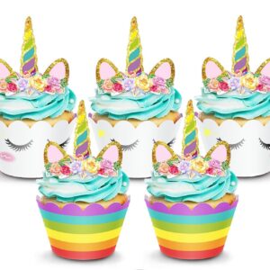 Unicorn Cake Topper & Rainbow Cupcake Wrappers (Horn, Ears, Eyelashes, flowers) Set ( 12 pcs)  مجموعة أغلفة الكيك يونيكورن وأغطية الكب كيك بألوان قوس قزح (القرن والأذنين والرموش والزهور) (12 قطعة)
