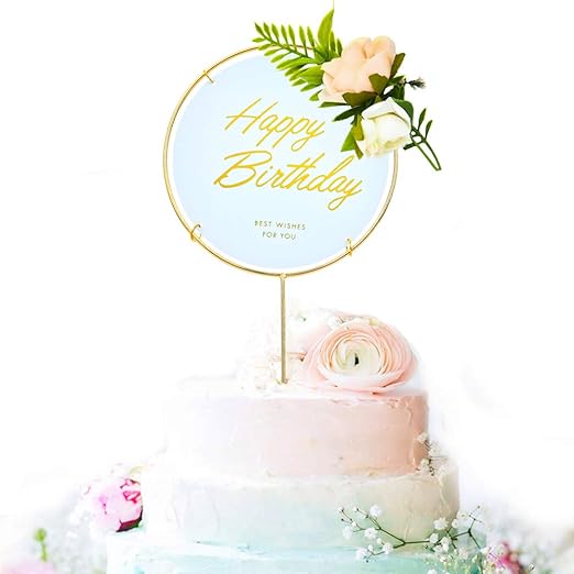 Gold Round Happy Birthday Cake Topper, Metal with Pink Artificial Flower Cluster and Acrylic غلاف كعكة عيد ميلاد سعيد دائري ذهبي، معدن مع مجموعة زهور صناعية وردية وأكريليك