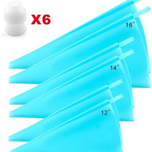 Silicone Pastry Piping Bags (12''+14''+16'')- 6 Pack + 6 Icing Couplers  أكياس أنابيب المعجنات المصنوعة من السيليكون (12 بوصة + 14 بوصة + 16 بوصة) - 6 عبوات + 6 وصلات تزيين