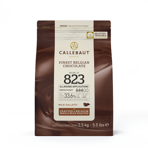 Callebaut 823 33.6% Milk Couverture Chocolate Callets 2.5 kg Bag كاليبوت 823 33.6% شوكولاتة بالحليب 2.5 كجم