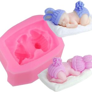 3D Sleeping Baby with Pillow Fluffy Hat SIlicon Mold  قالب سيليكون ثلاثي الأبعاد لطفل نائم مع وسادة وقبعة منفوشة