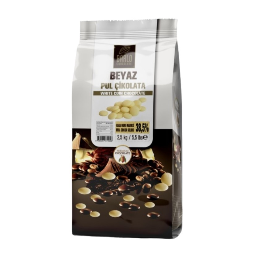 Barlo 38.5% White Couverture Chocolate Coins 2.5 kg Bag عملات الشوكولاتة البيضاء
