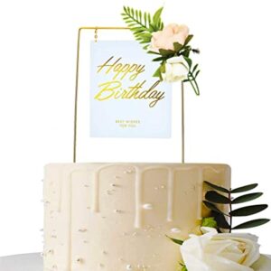 Gold Square Happy Birthday Cake Topper, Metal with Pink Artificial Flower Cluster and Acrylic  غلاف كعكة عيد ميلاد سعيد مربع ذهبي، معدن مع مجموعة زهور صناعية وردية وأكريليك