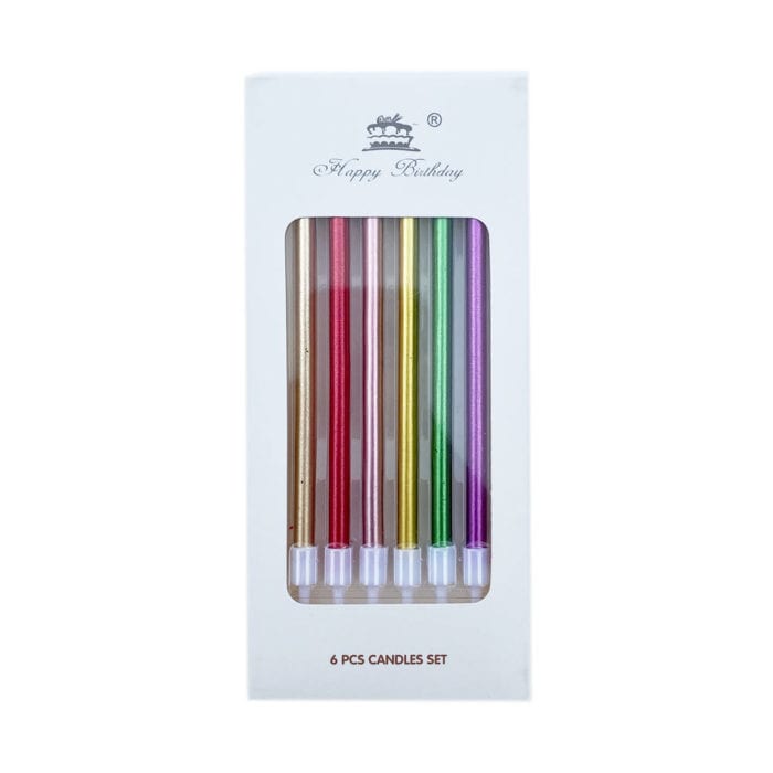 Metallic Multicolors Tall Birthday Candles 6 pcs pack شموع عيد ميلاد طويلة معدنية متعددة الألوان عبوة من 6 قطع